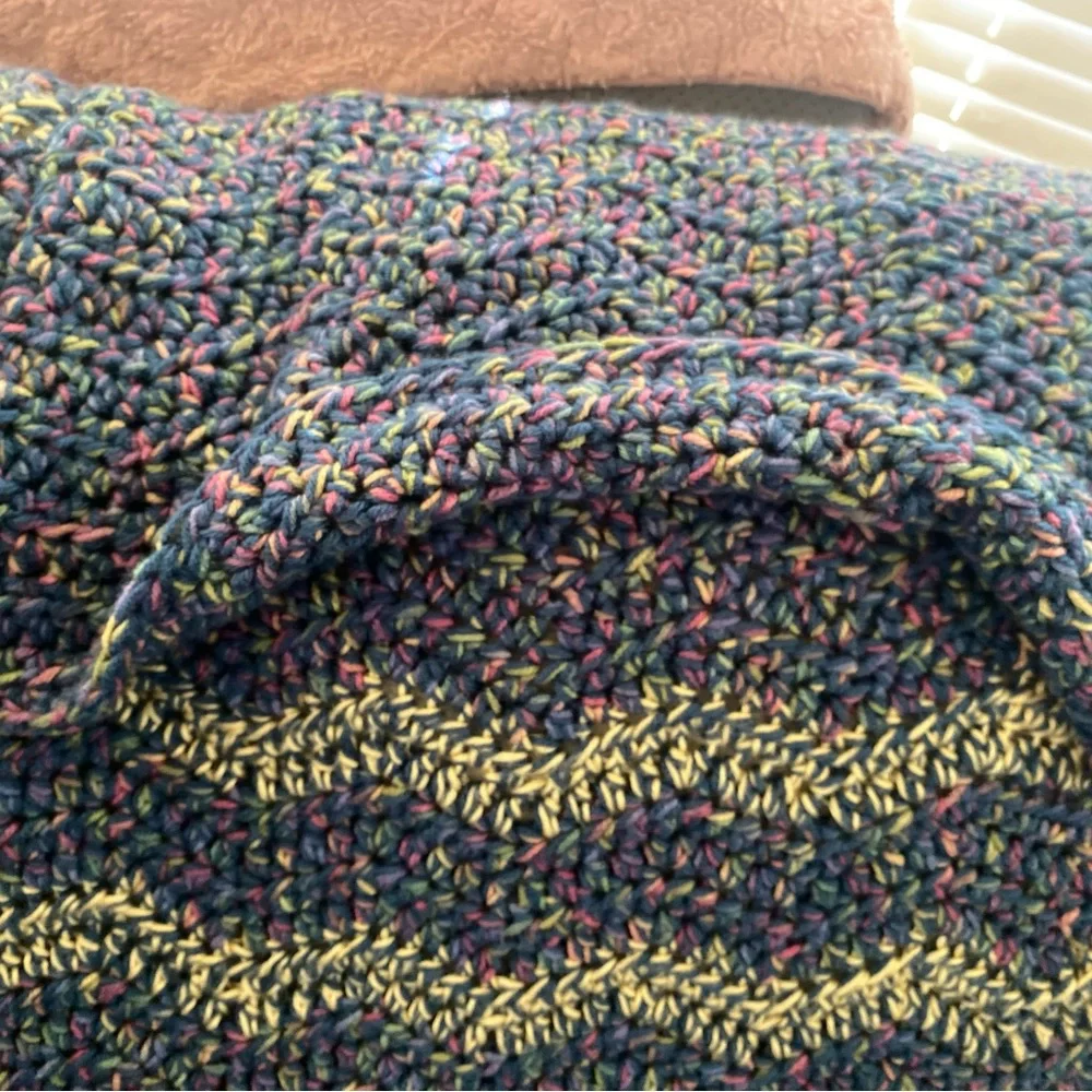 Multicolor handmade knitted blanket with hood. Wrap yourself completely in this.